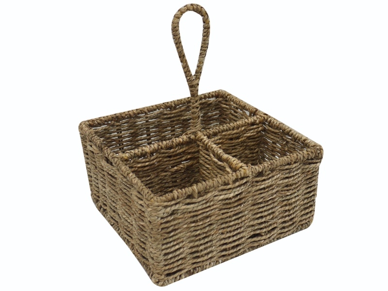 Superior Seagrass Woven Flatware Caddy with 4 Compartments and Handle - Eco-friendly Storage